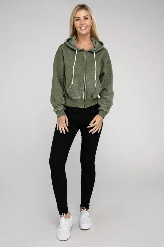 Acid Wash Fleece Cropped Zip-Up Hoodie