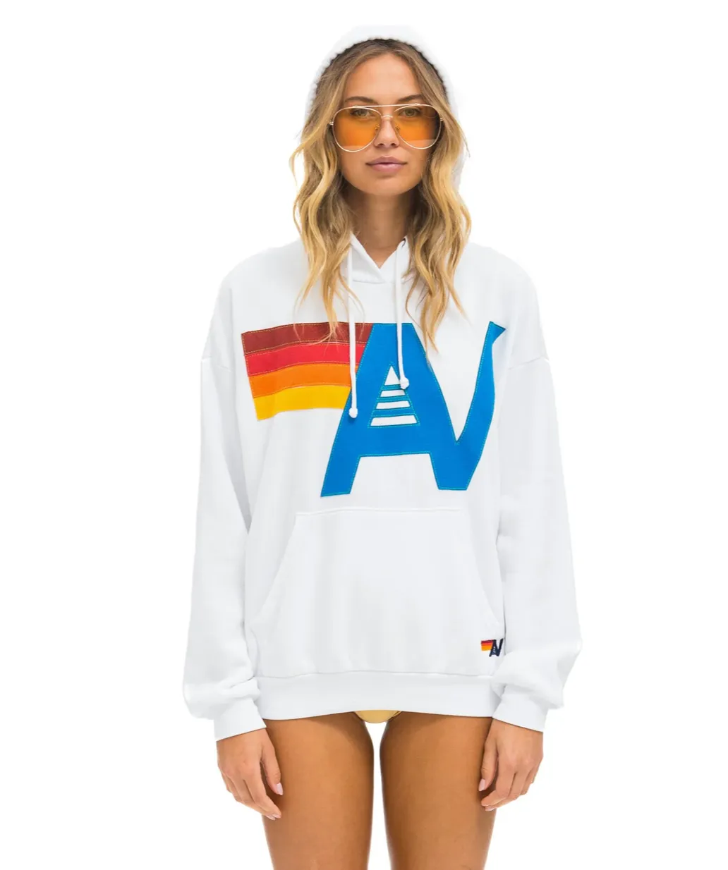 AVIATOR NATION  LOGO STITCH UNISEX PULLOVER RELAXED HOODIE - WHITE