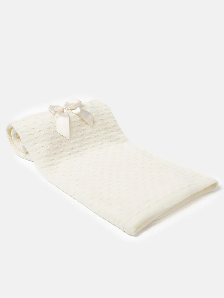 Baby Waffle Knitted Blanket with Satin Bow - Cream/Ivory