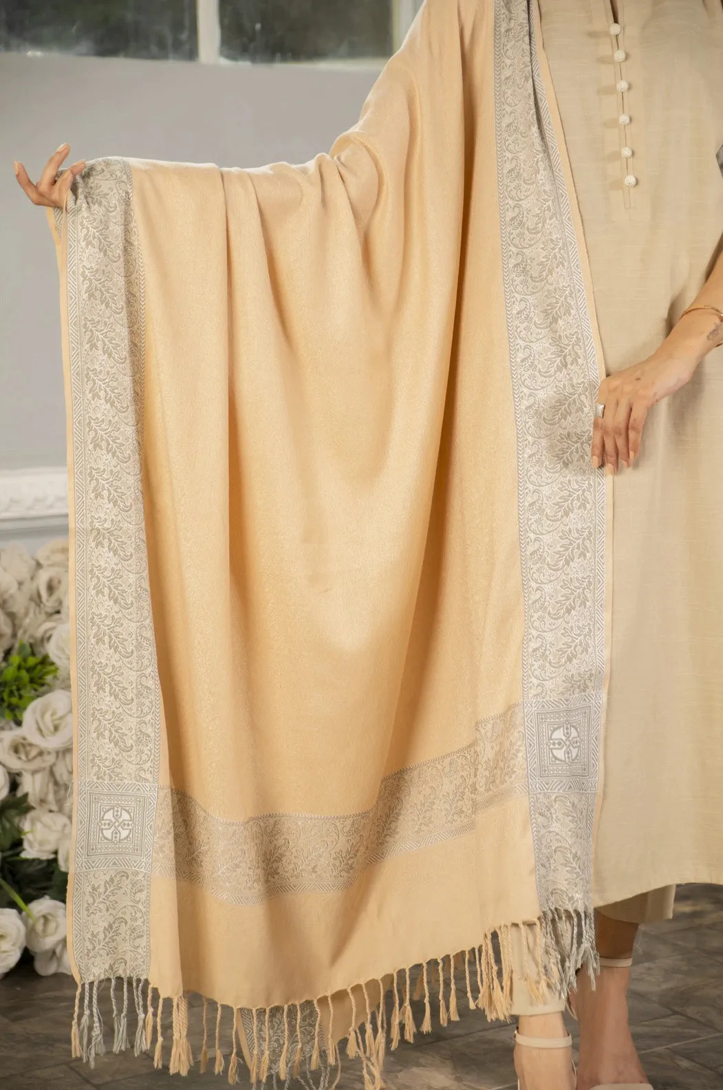 Beige Jacquard Wool Shawl