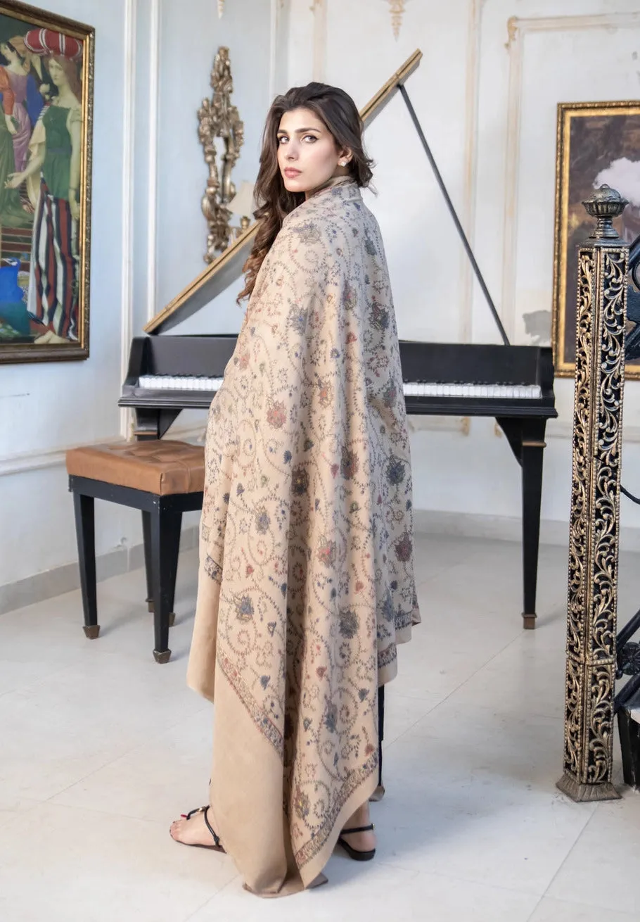 Beige Pashmina Wool Heavy Hand-Embroidered Shawl (Needle work)