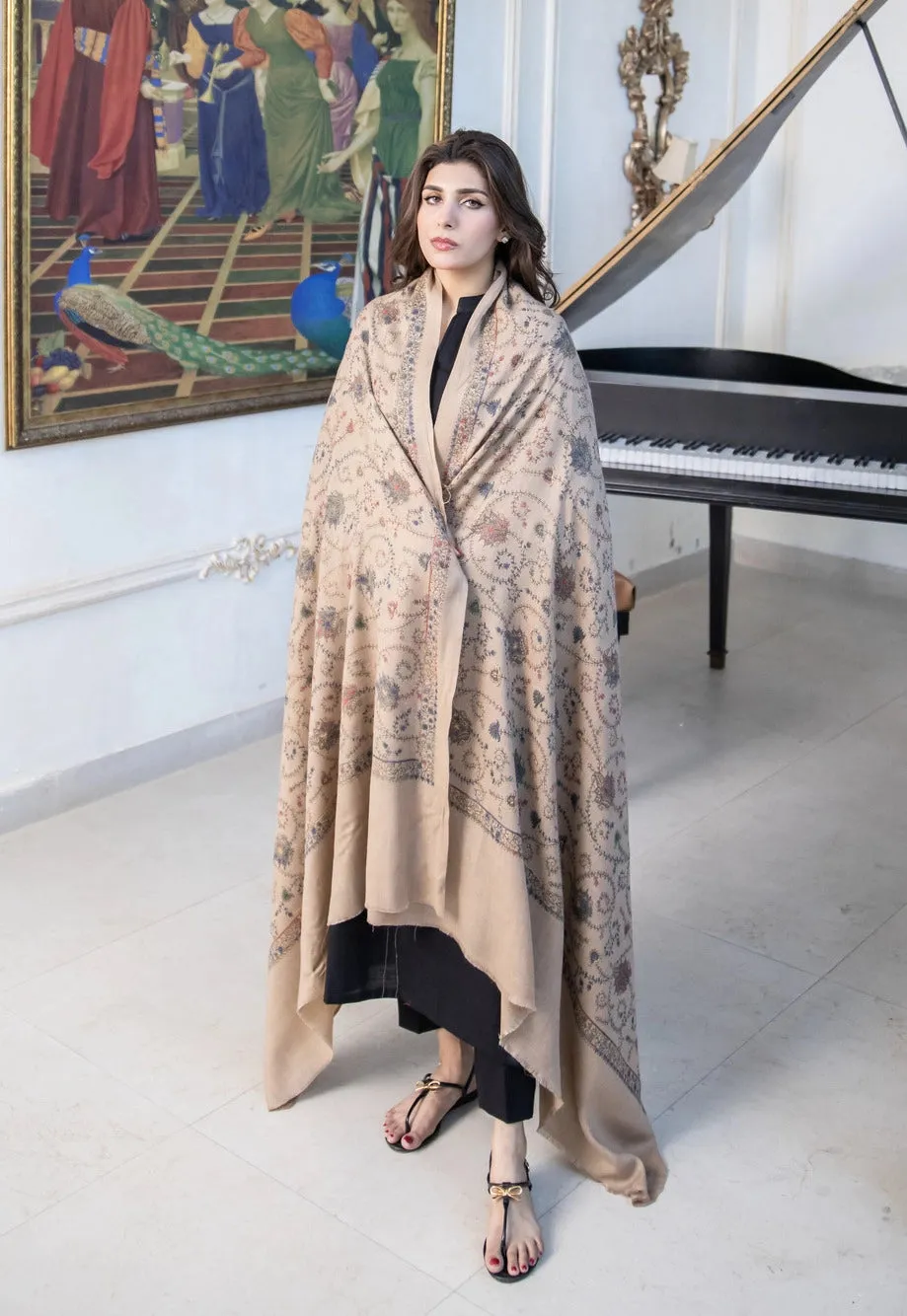 Beige Pashmina Wool Heavy Hand-Embroidered Shawl (Needle work)