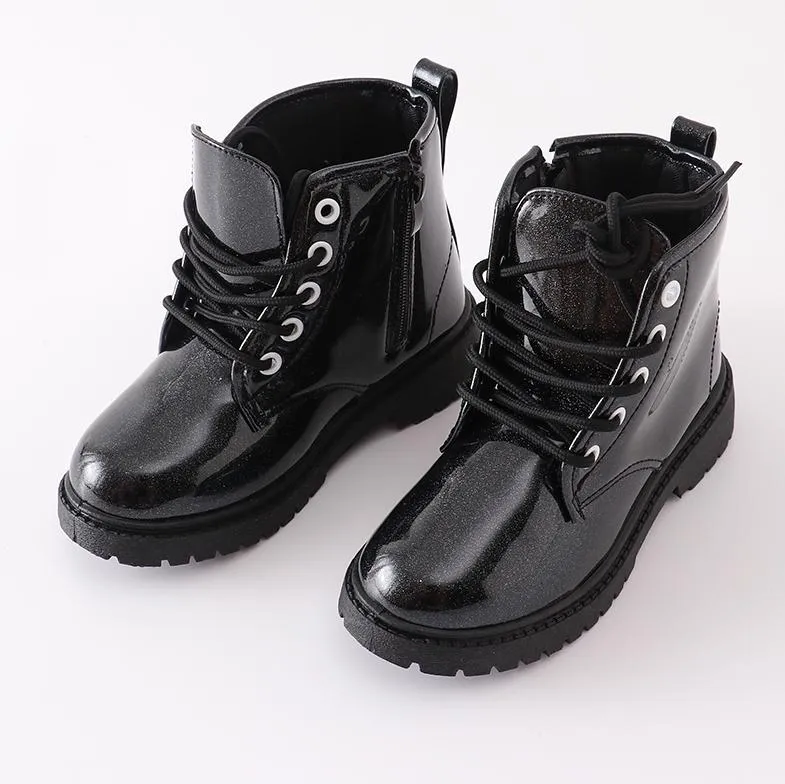 Black Glitter Lace-Up Combat Boots