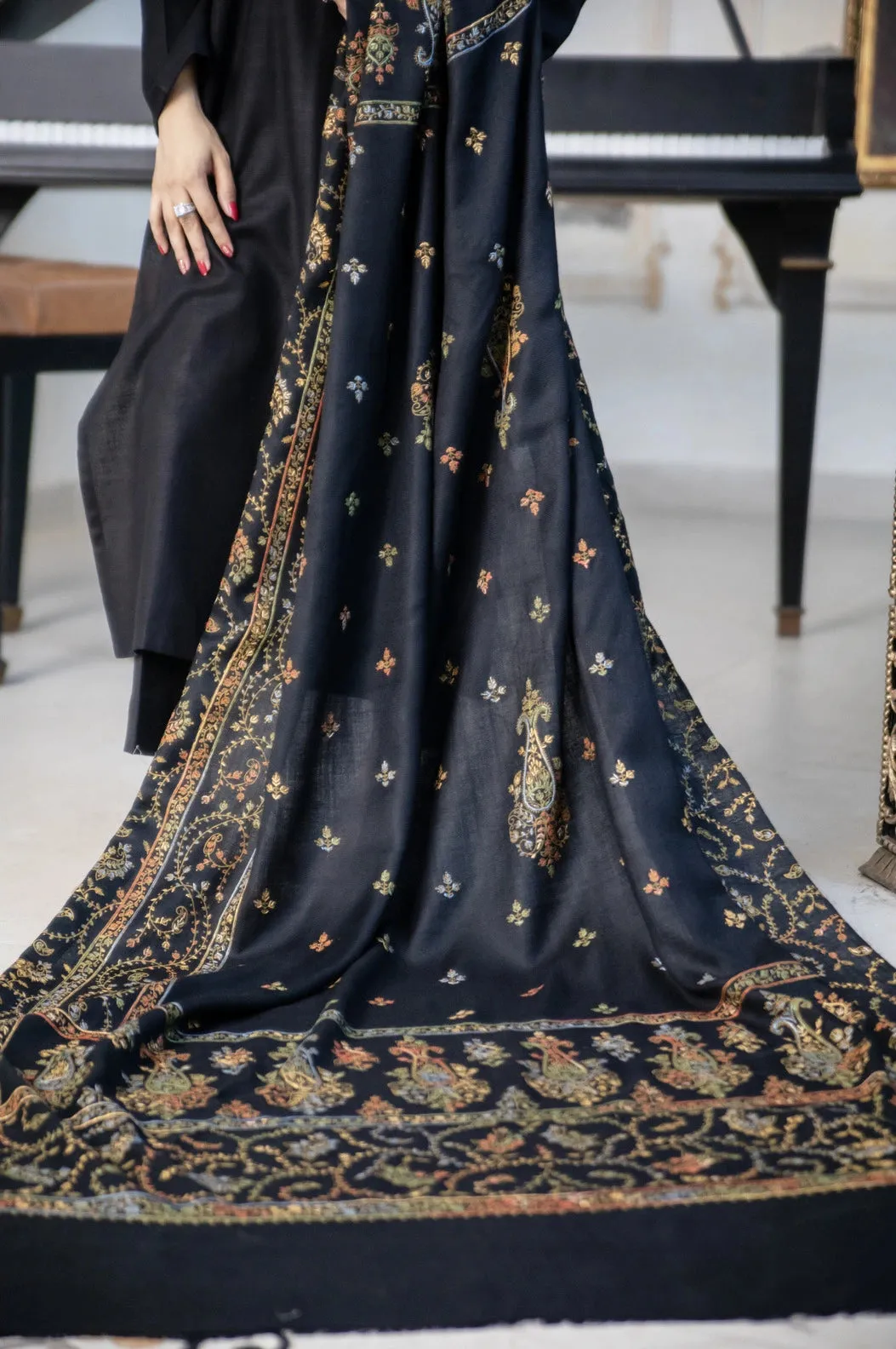 Black Pashmina Wool Hand-Embroidered Shawl (Needle work)