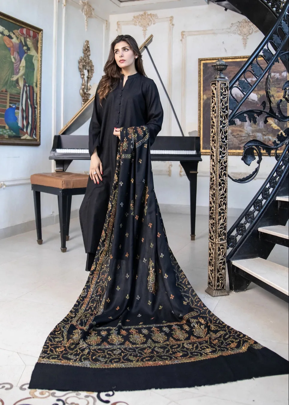 Black Pashmina Wool Hand-Embroidered Shawl (Needle work)