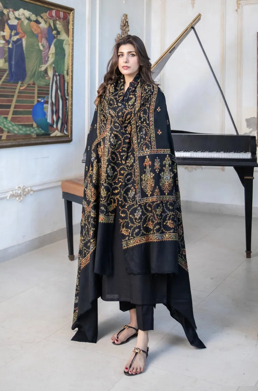 Black Pashmina Wool Hand-Embroidered Shawl (Needle work)