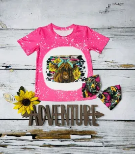 Bleached hot pink cow w/sunflowers short sleeve shirt DLH1224-02