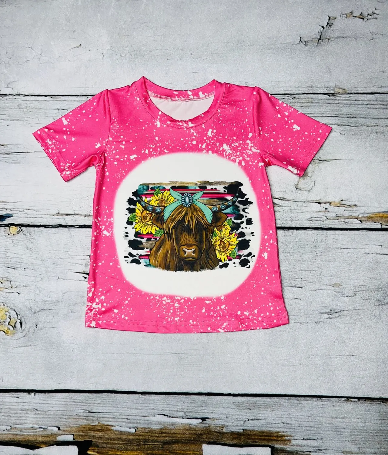 Bleached hot pink cow w/sunflowers short sleeve shirt DLH1224-02