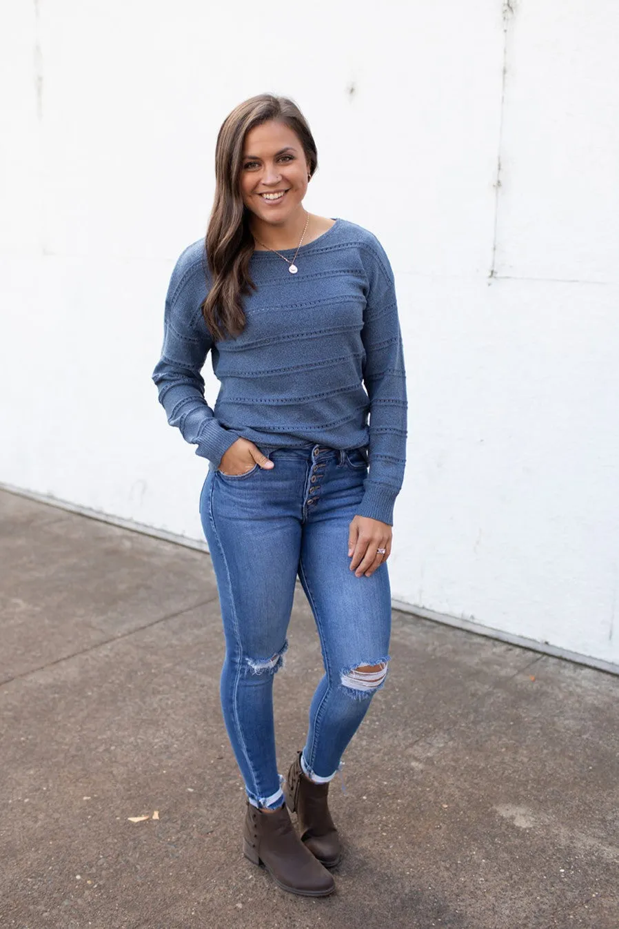 Blue Lightweight Pointelle Knit Sweater (SM-XL)