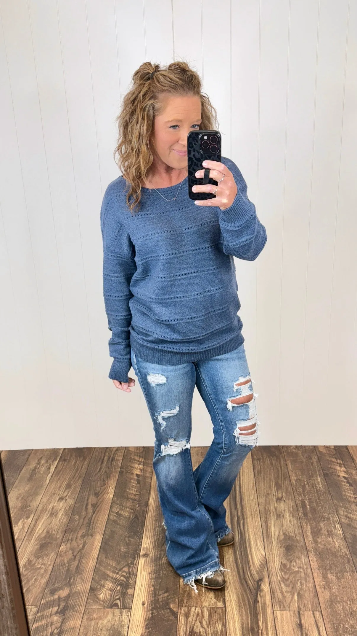 Blue Lightweight Pointelle Knit Sweater (SM-XL)