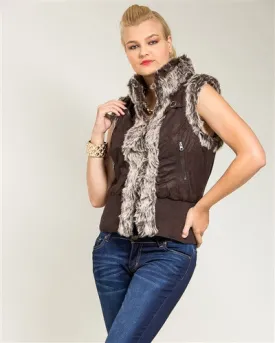 Brown Zip Up Faux Fur Trim Vest