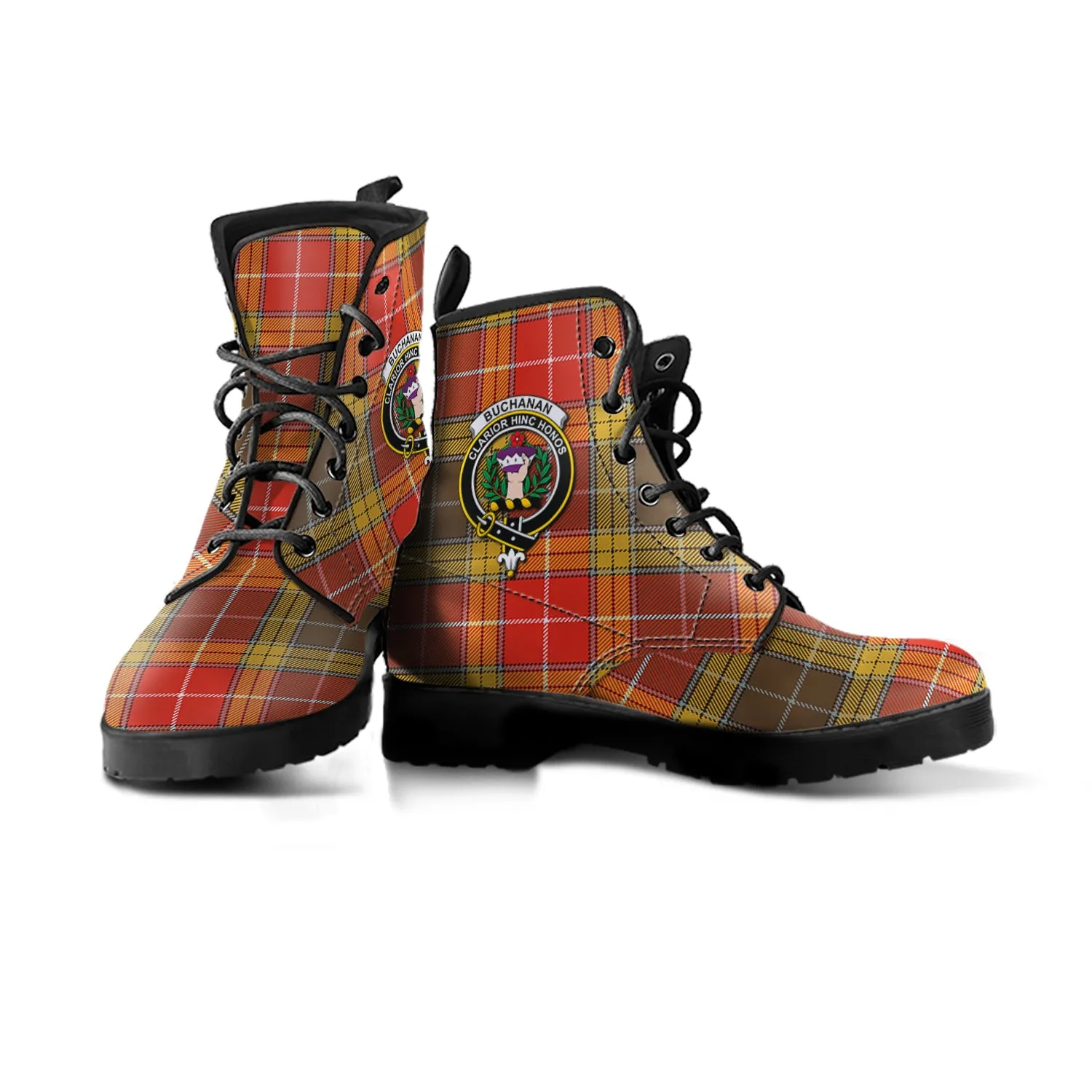 Buchanan Old Set Weathered Tartan Leather Boots with Family Crest