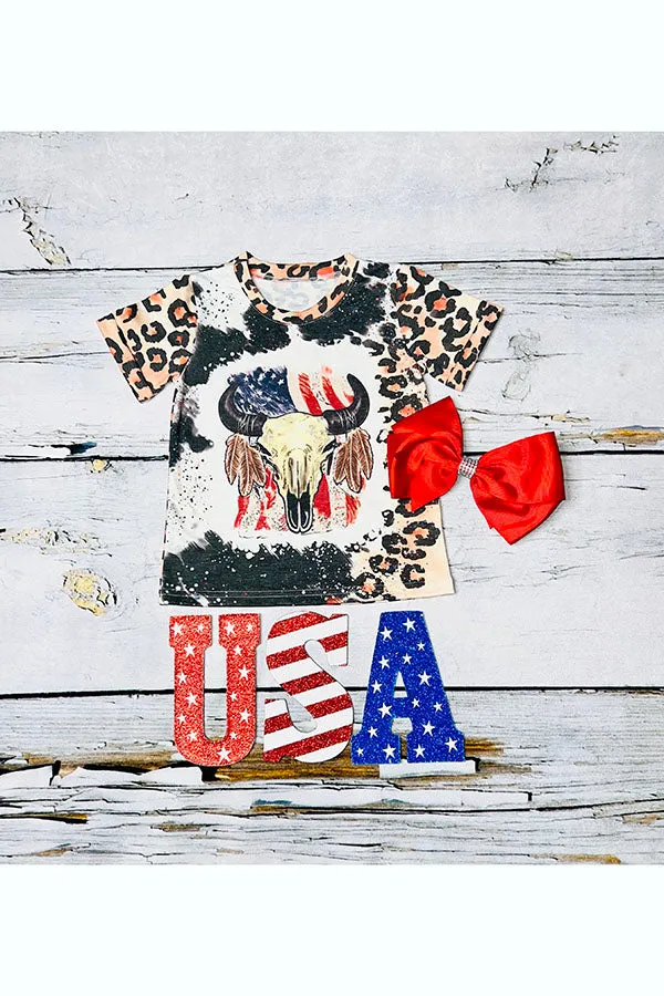 Bull skull on a USA flag animal print short sleeve t-shirt DLH1108-12