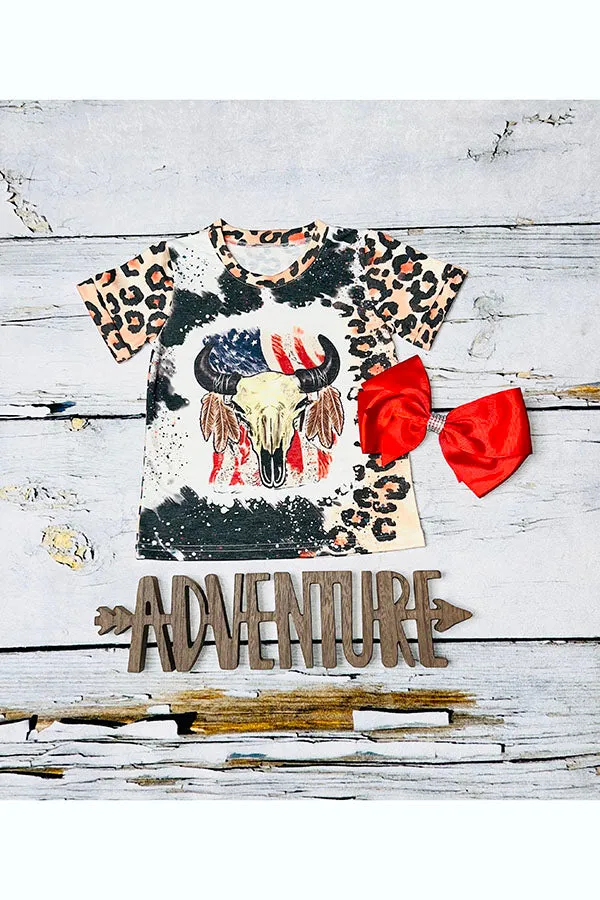 Bull skull on a USA flag animal print short sleeve t-shirt DLH1108-12