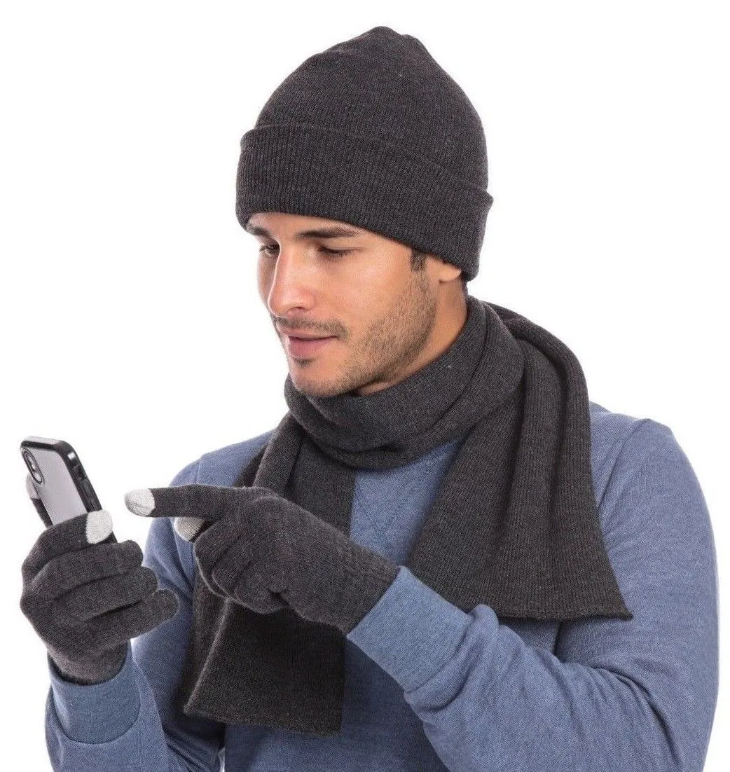 Casaba 3 Piece Winter Set Cuff Beanie Hat Scarf Touchscreen Gloves for Men Women