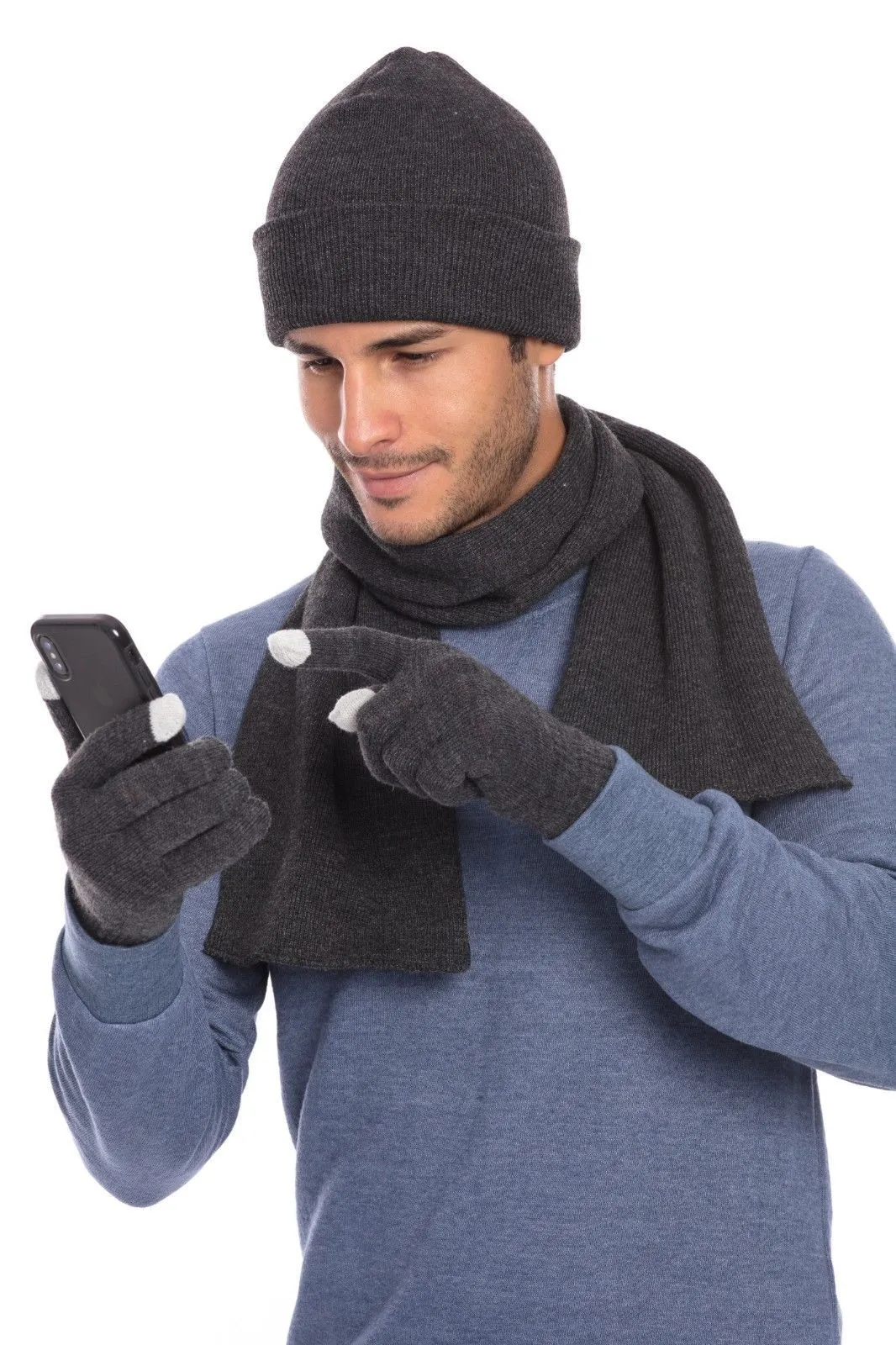 Casaba 3 Piece Winter Set Cuff Beanie Hat Scarf Touchscreen Gloves for Men Women