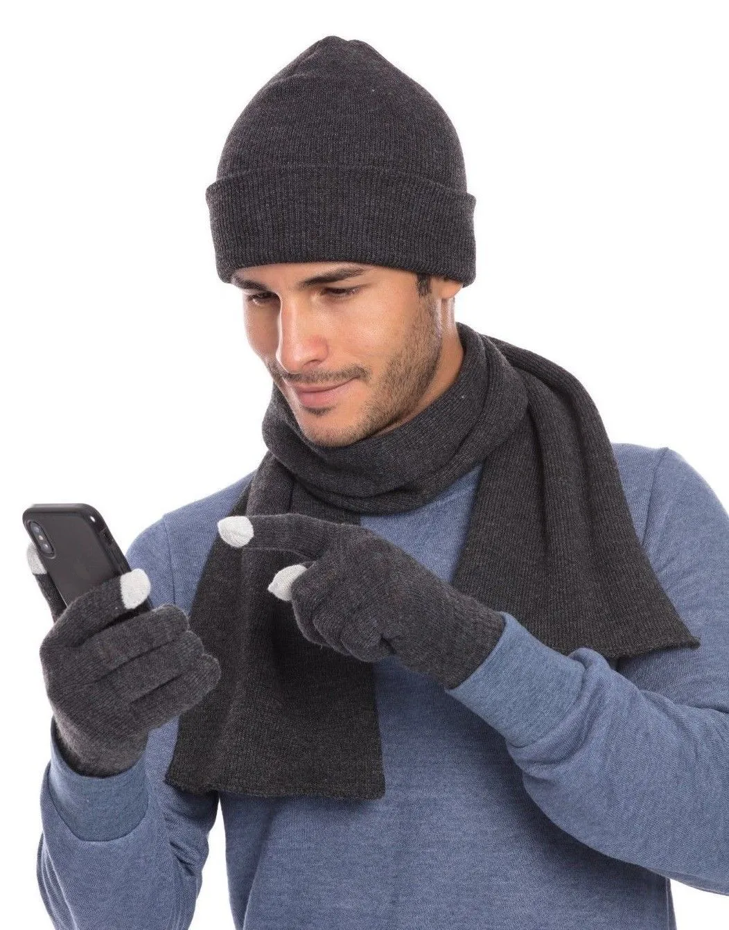 Casaba 3 Piece Winter Set Cuff Beanie Hat Scarf Touchscreen Gloves for Men Women