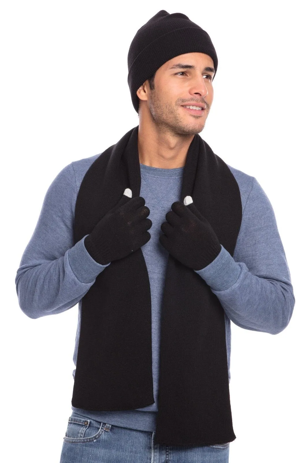 Casaba 3 Piece Winter Set Cuff Beanie Hat Scarf Touchscreen Gloves for Men Women