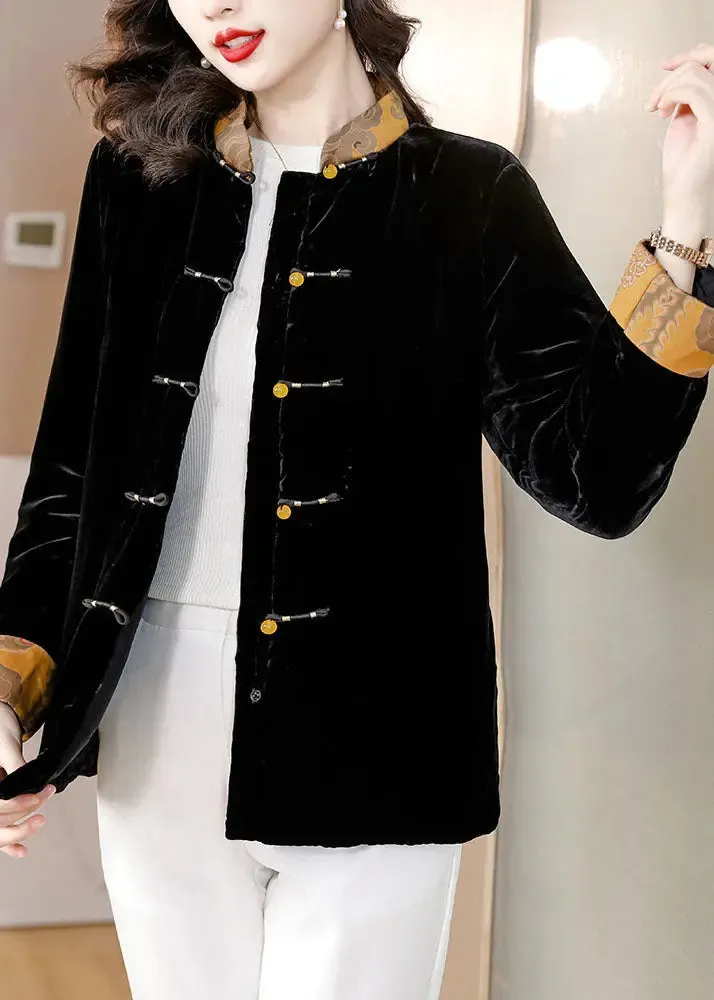 Chinese Style Button Silk Velour Parka Coats