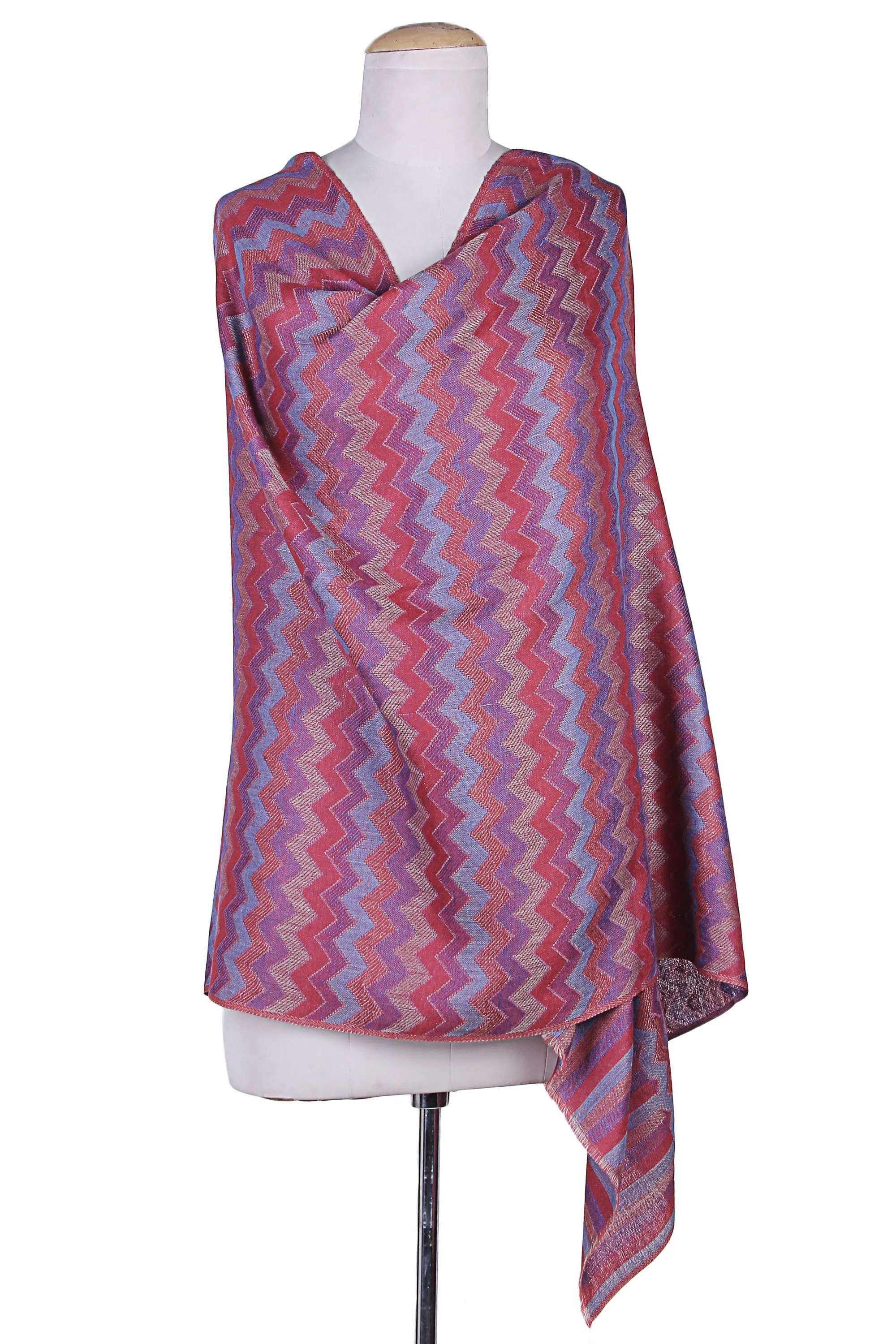 Colorful Zigzag Wool Shawl Handloomed in Indian - Poppy Romance | NOVICA