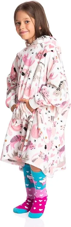 Cozy Feline Embrace: Fleece Cat Girl Wearable Blanket Hoodie - Plush Comfort for Young Trendsetters