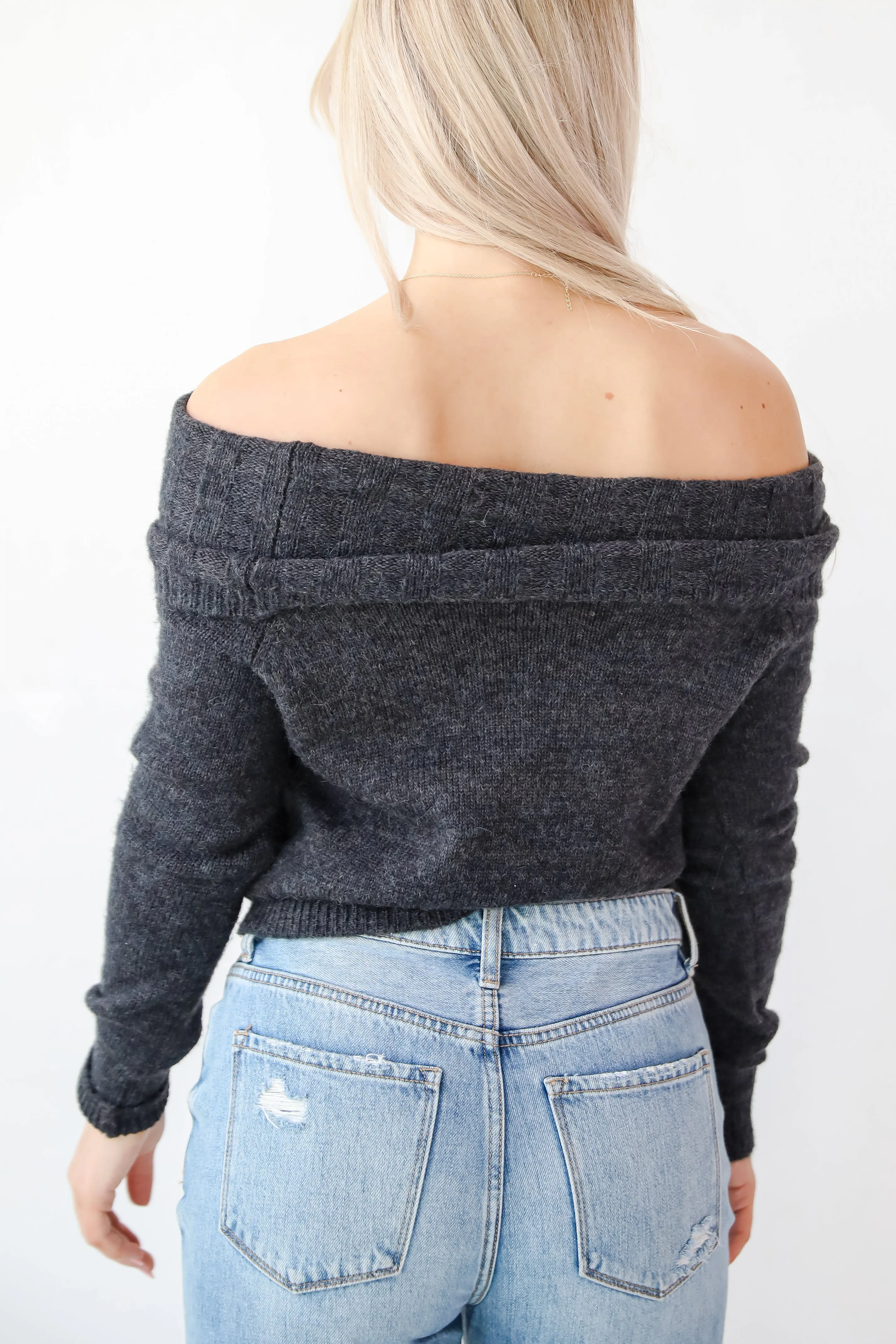 Dazzling Coziness Charcoal Off-The-Shoulder Sweater - DOORBUSTER