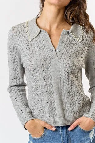 Dear Lover Pearl Collar Button Up Long Sleeve Sweater