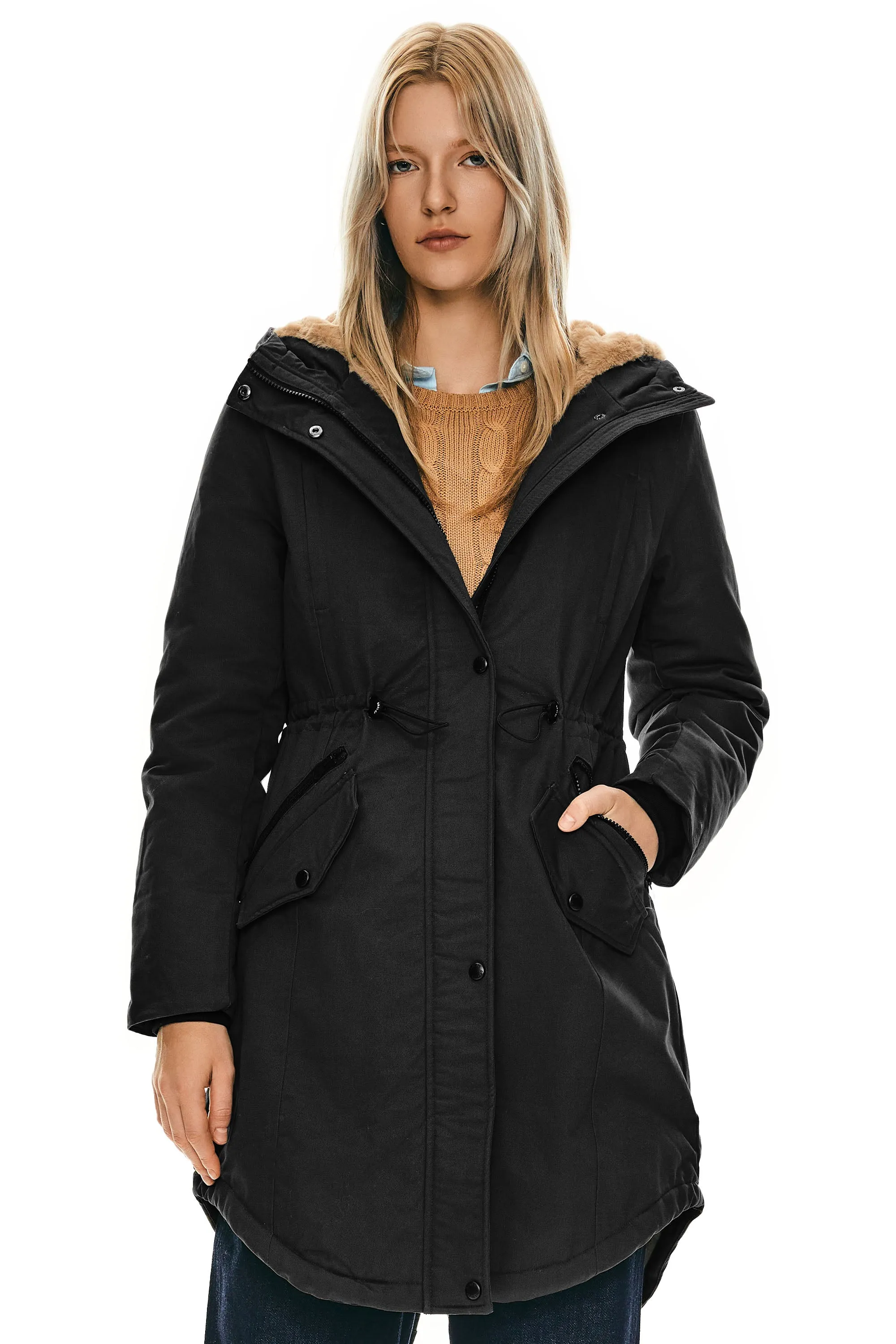 Drawstring Waist Fleece-Lined Parka