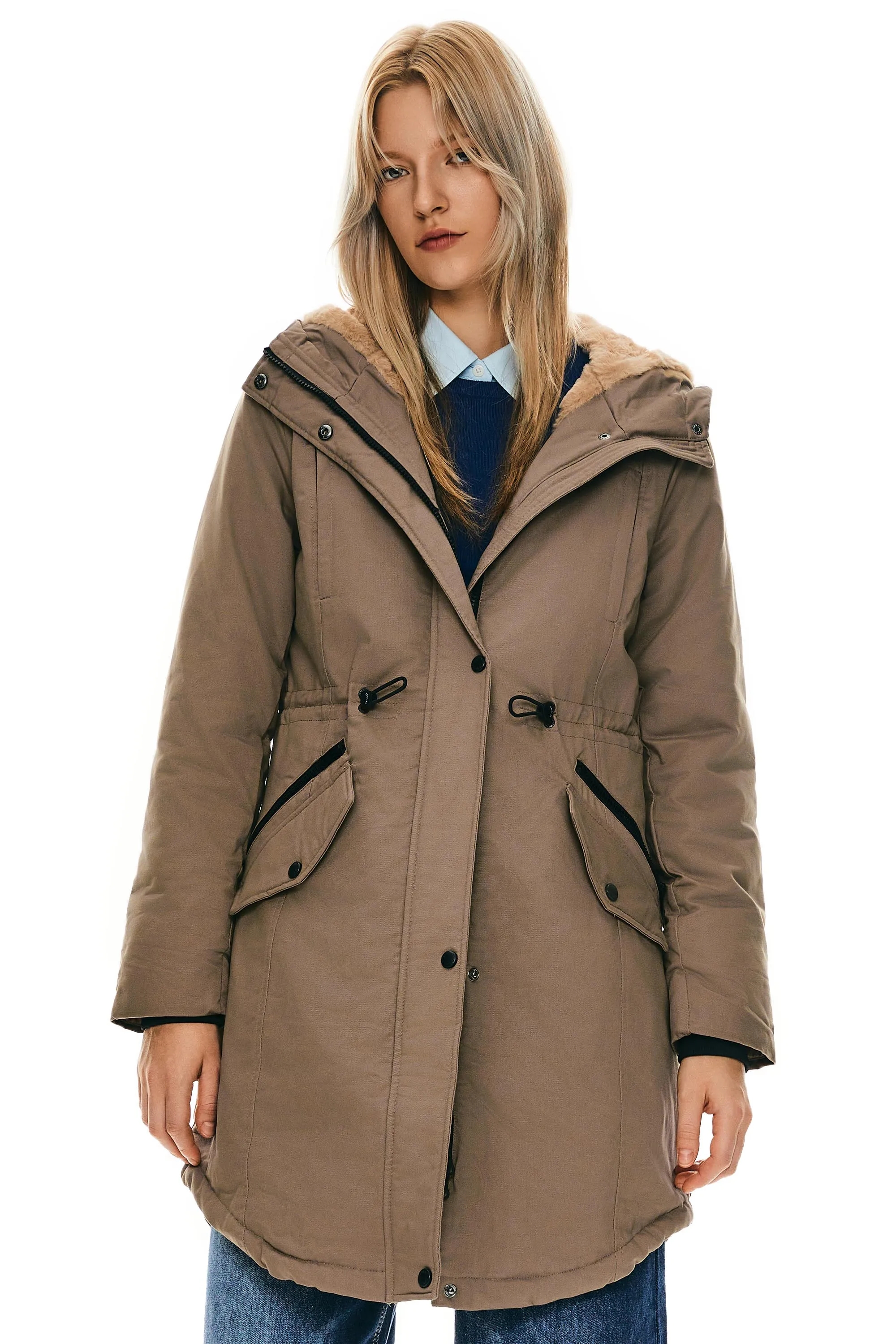 Drawstring Waist Fleece-Lined Parka