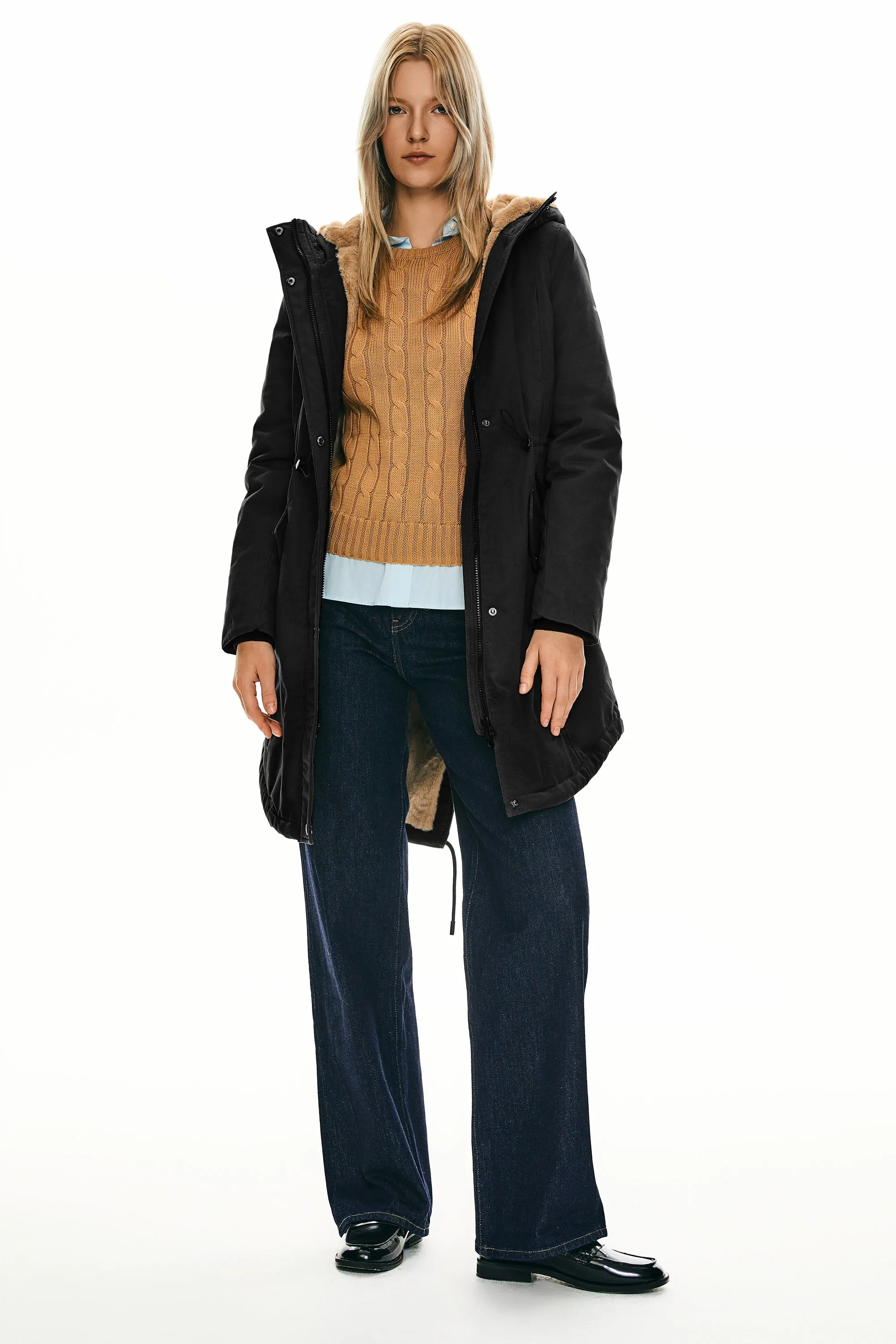 Drawstring Waist Fleece-Lined Parka