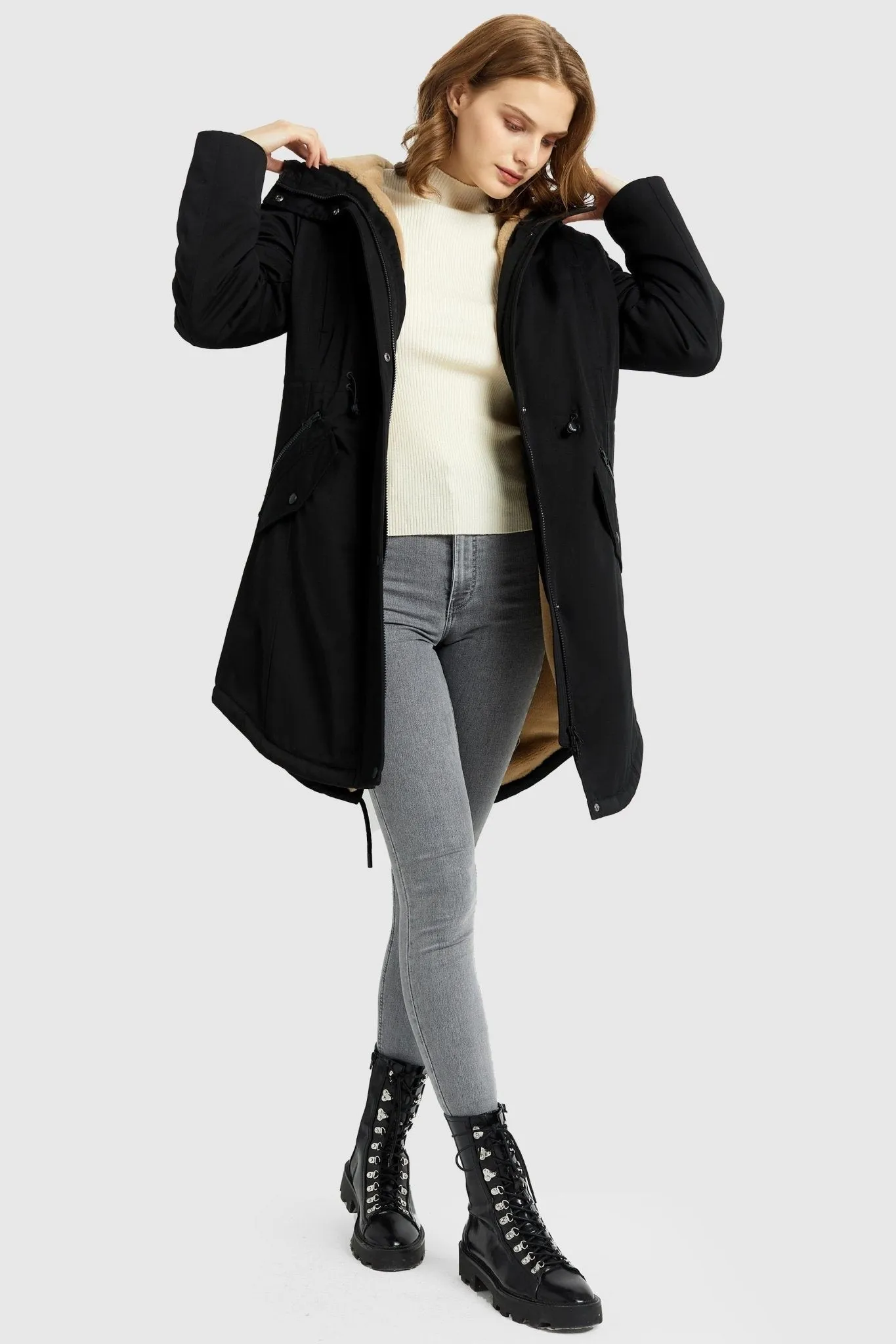 Drawstring Waist Fleece-Lined Parka