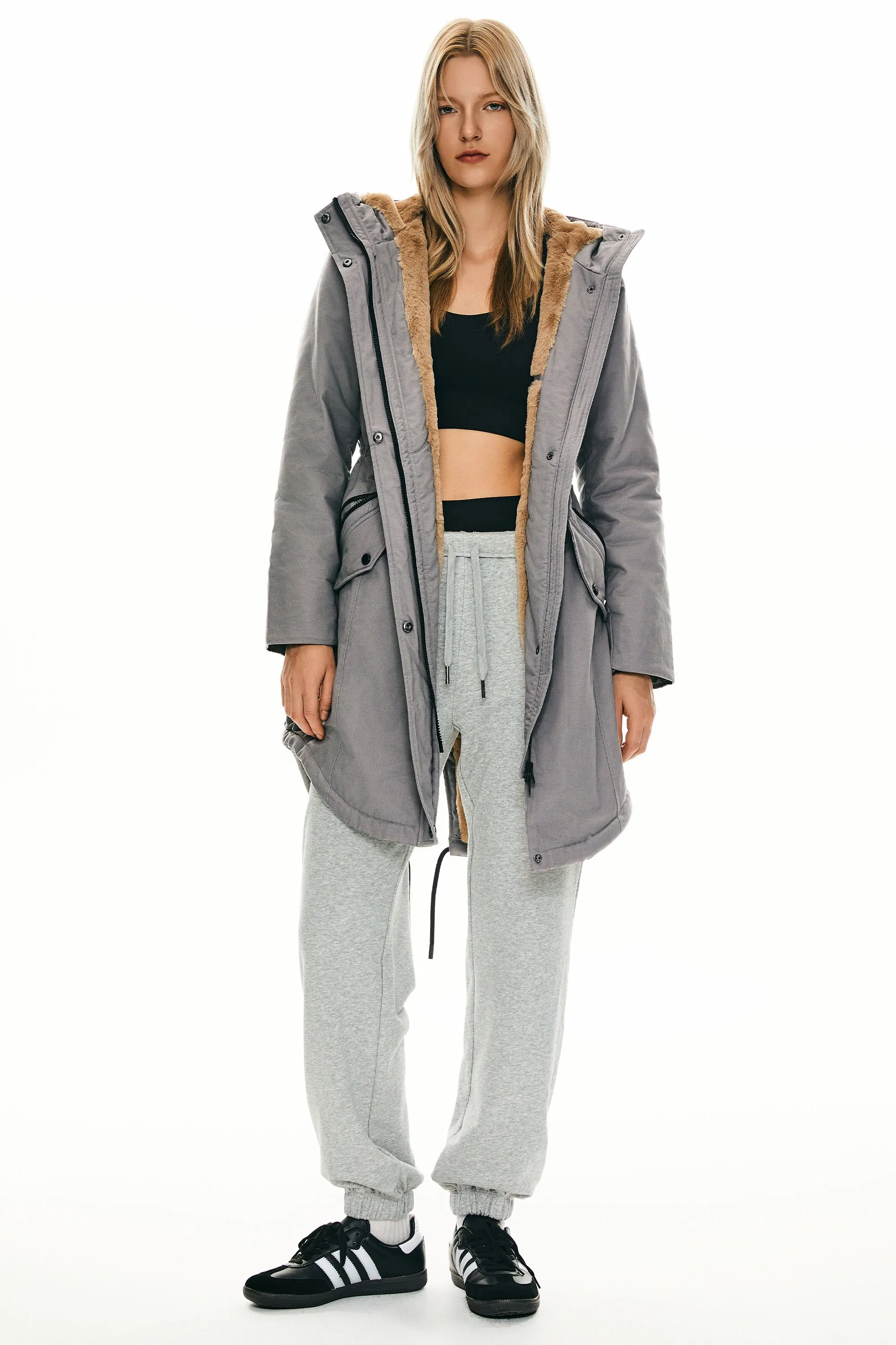 Drawstring Waist Fleece-Lined Parka