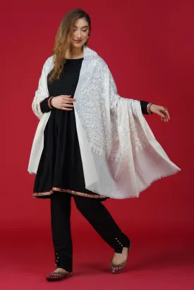 Elegant White Embroidered Pure Woolen Shawl ST-01