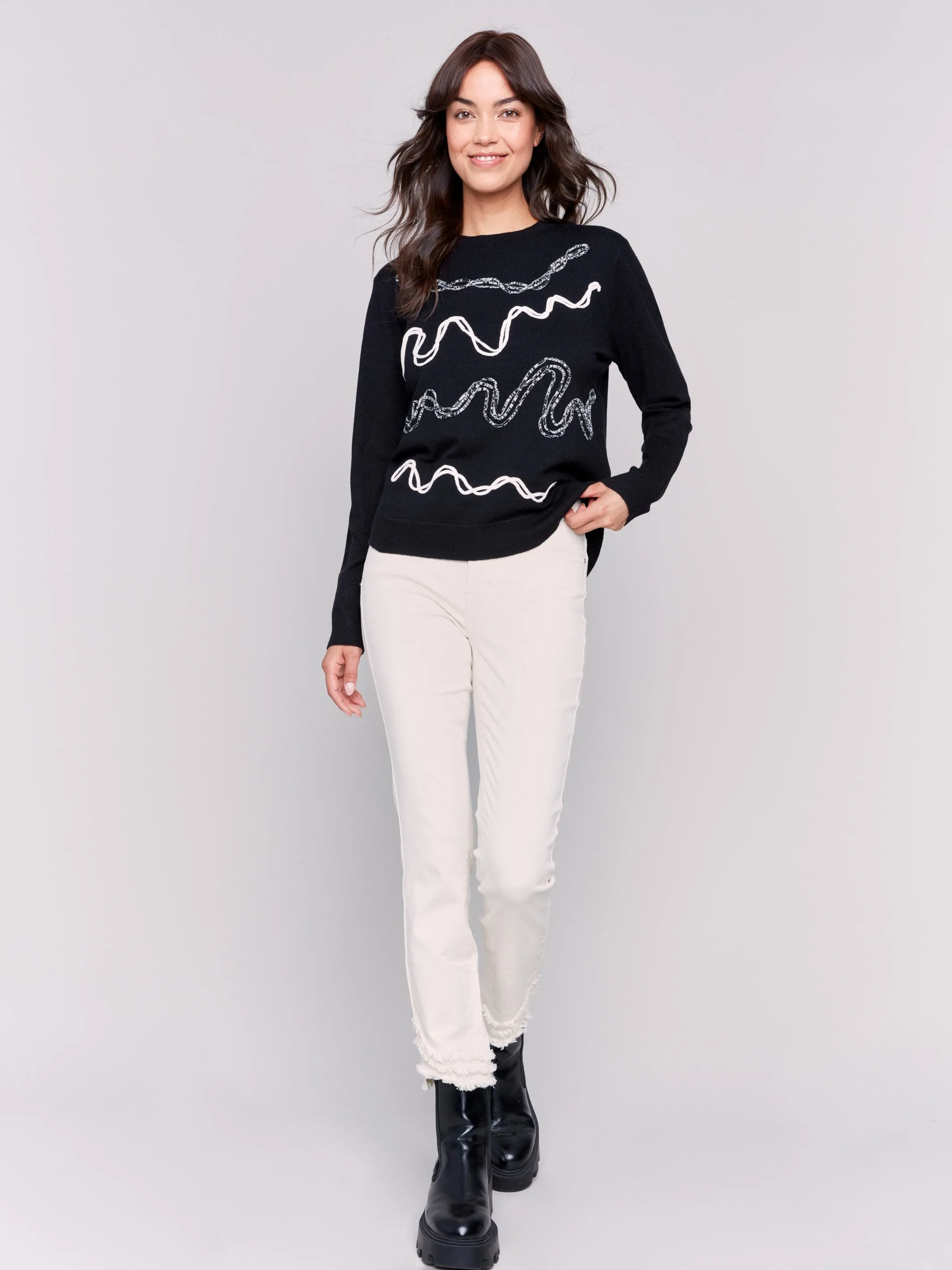 Embroidered Round Hem Sweater - Black