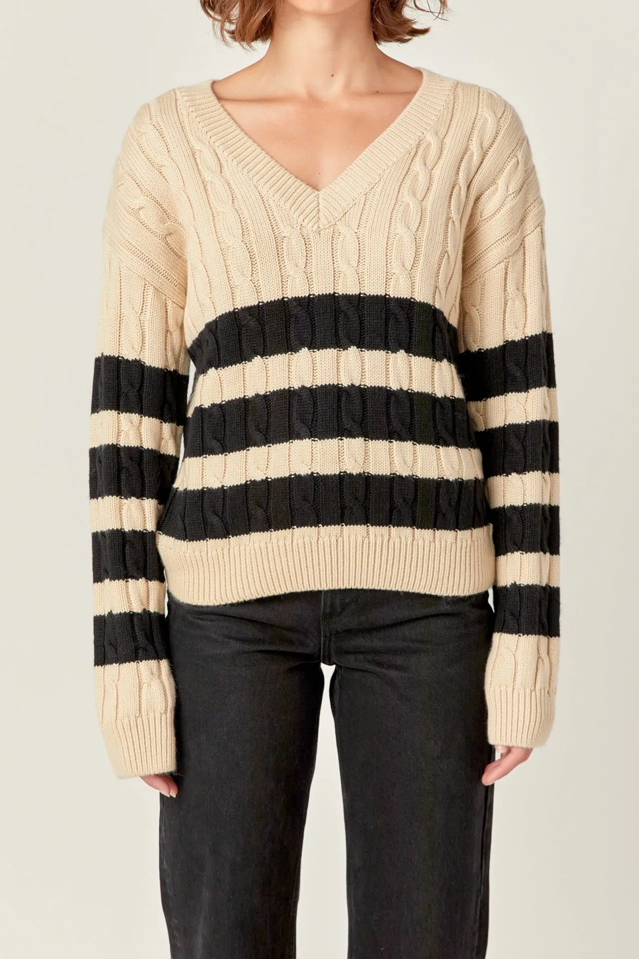 English Factory - Striped Cable Knit Sweater