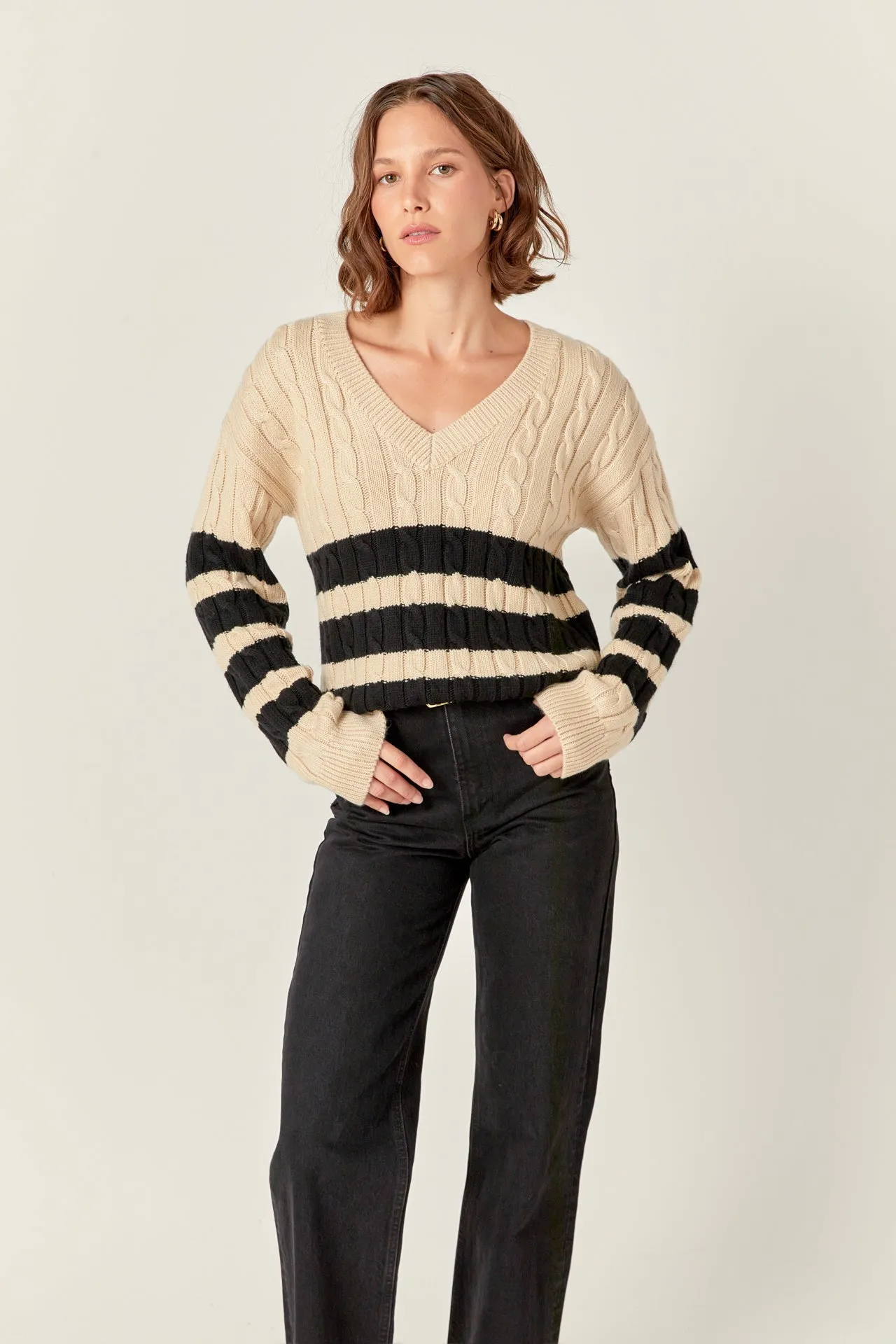 English Factory - Striped Cable Knit Sweater