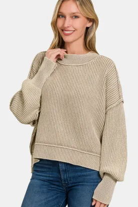 Exposed Seam Round Neck Dropped Shoulder Sweater