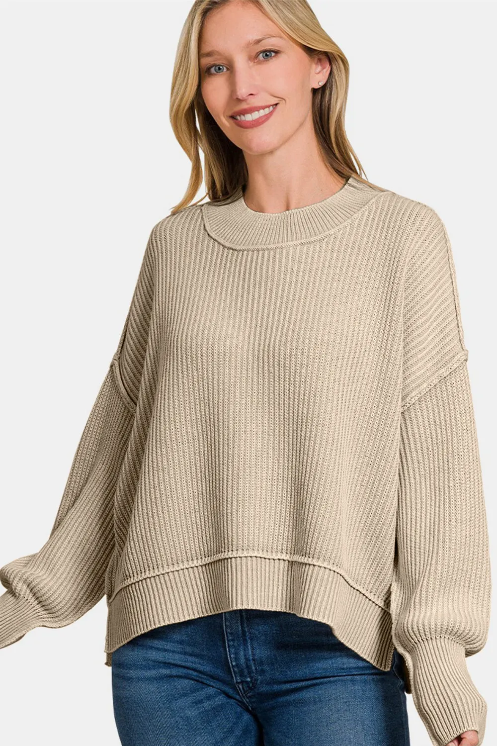 Exposed Seam Round Neck Dropped Shoulder Sweater