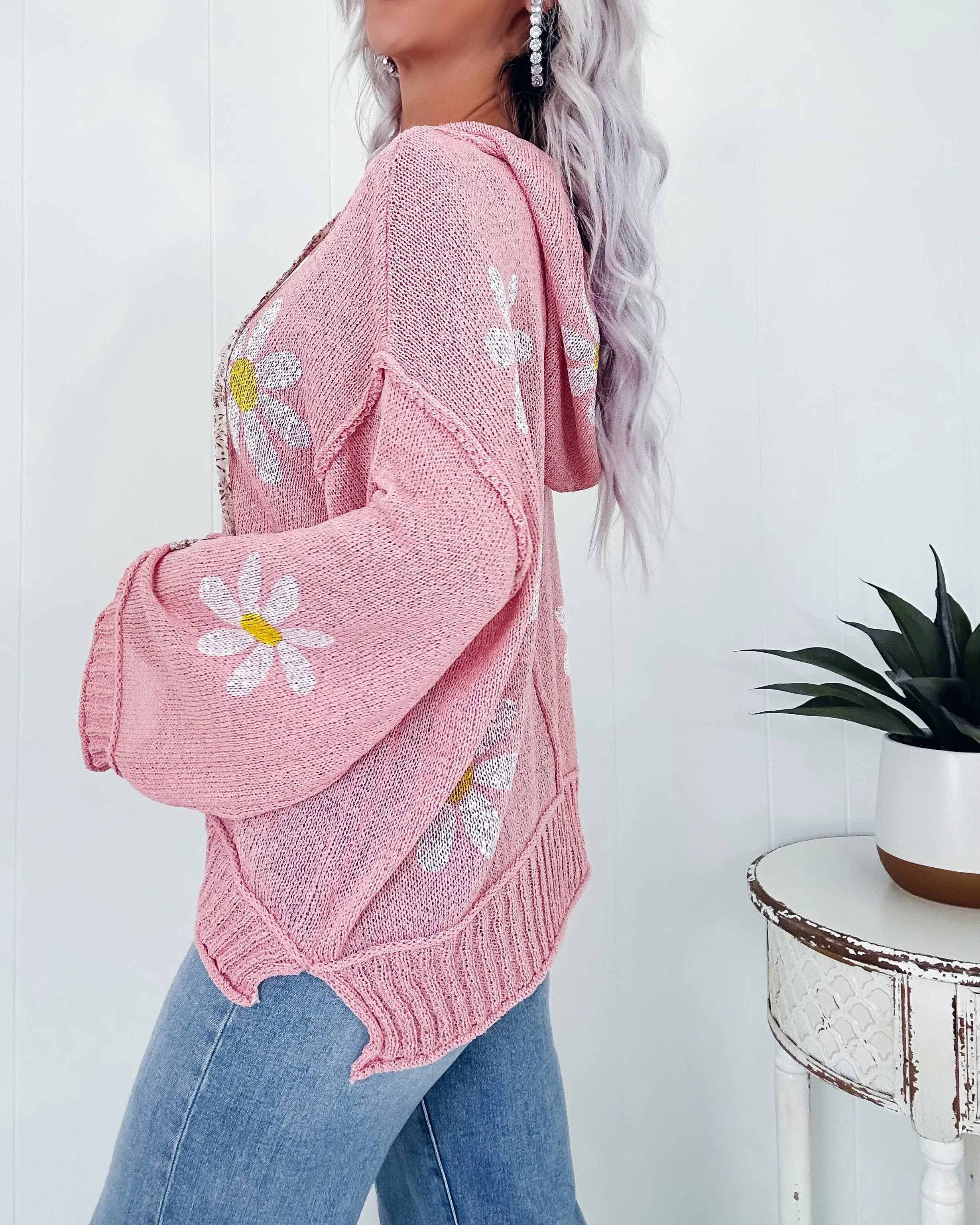 Floral Embrace Knit Hooded Sweater - Mauve