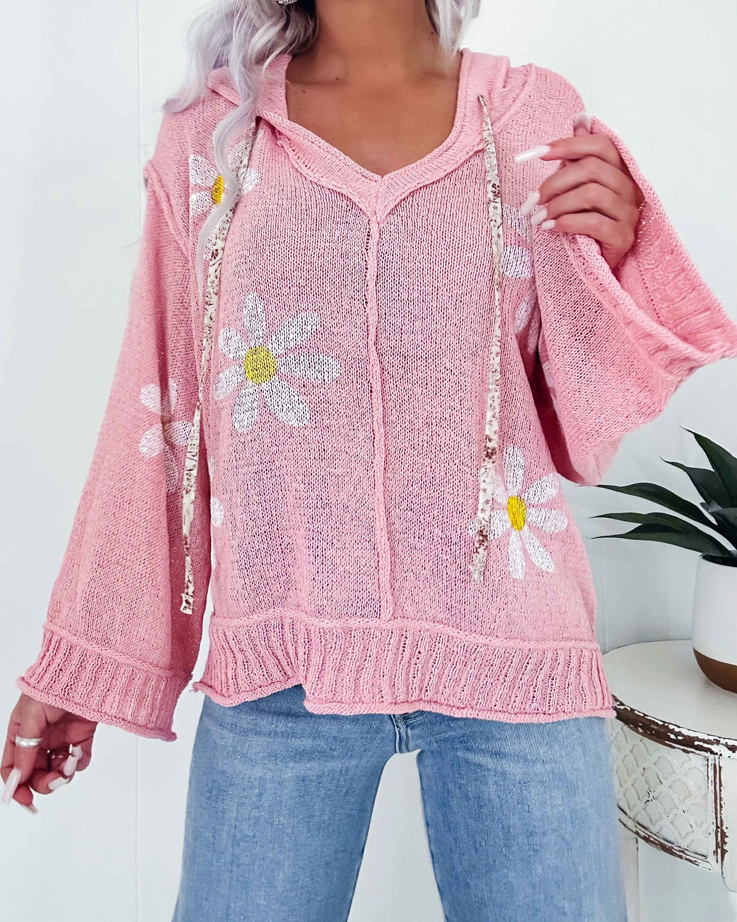 Floral Embrace Knit Hooded Sweater - Mauve