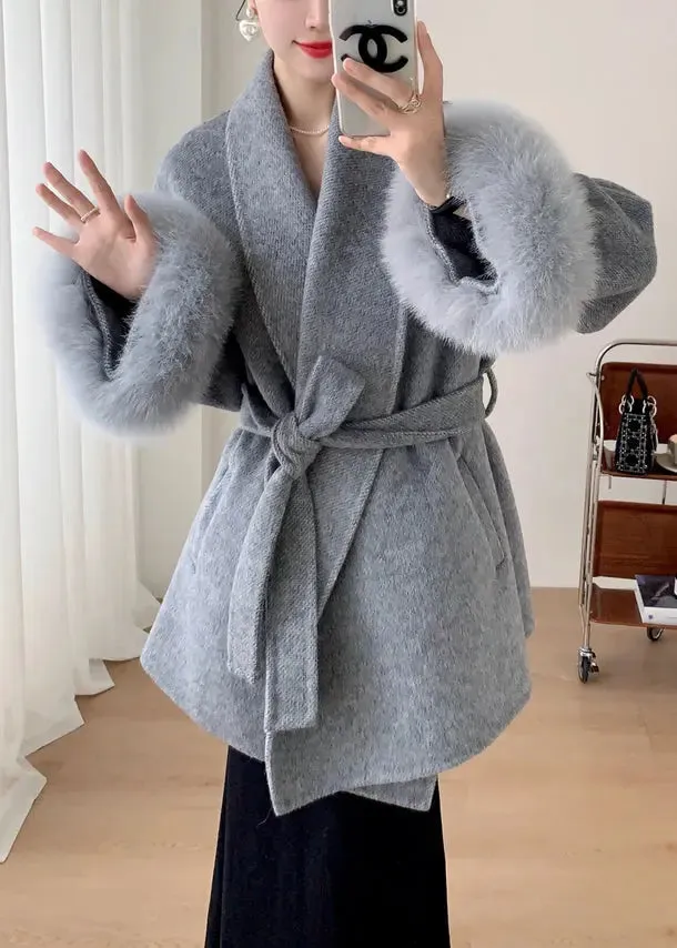 Fluffy Tie Waist Pockets Wool Coat Winter