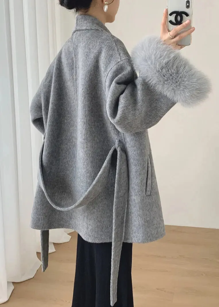 Fluffy Tie Waist Pockets Wool Coat Winter