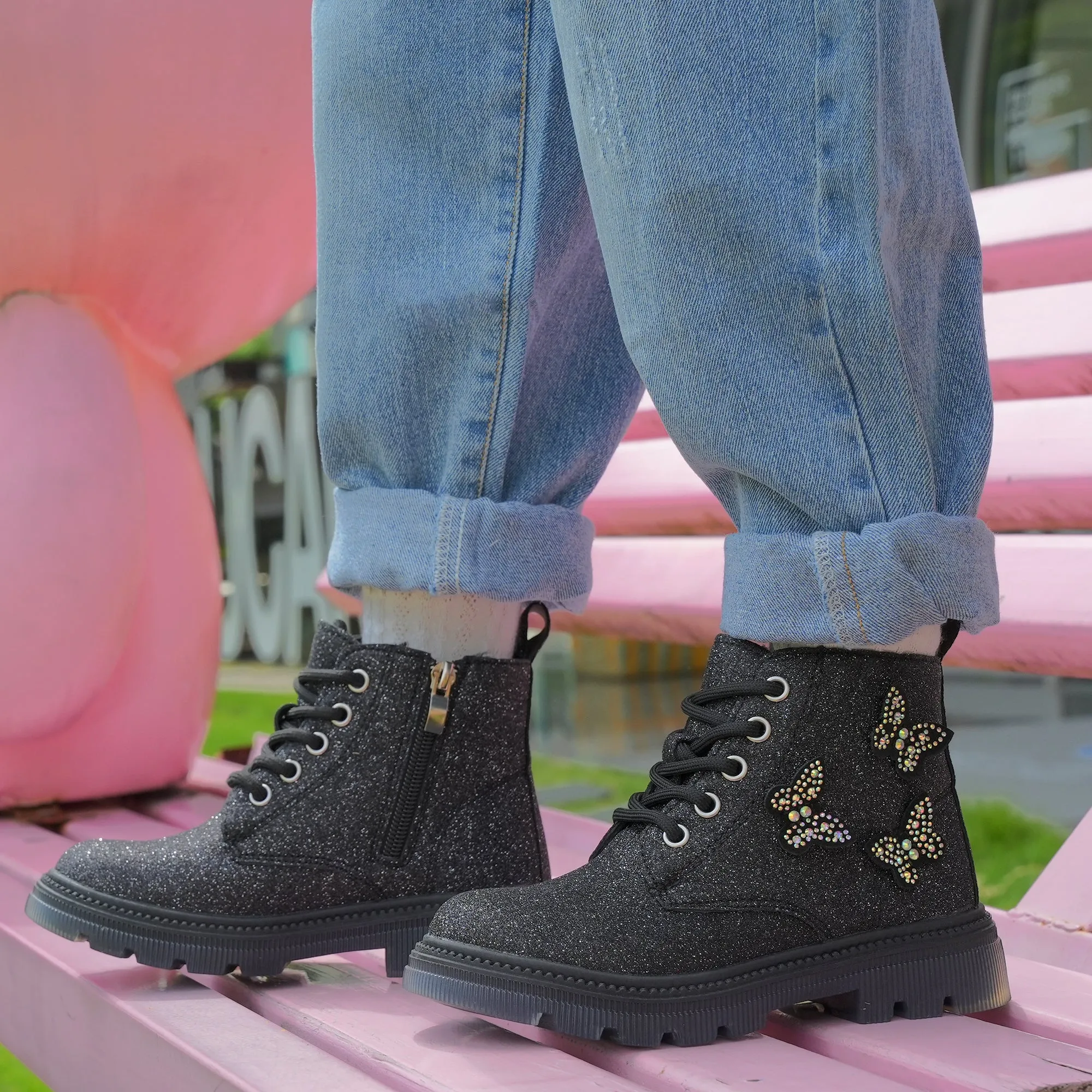 Girls Glittery Ankle Boots Kids Lace Up Combat Boots with Side Zipper