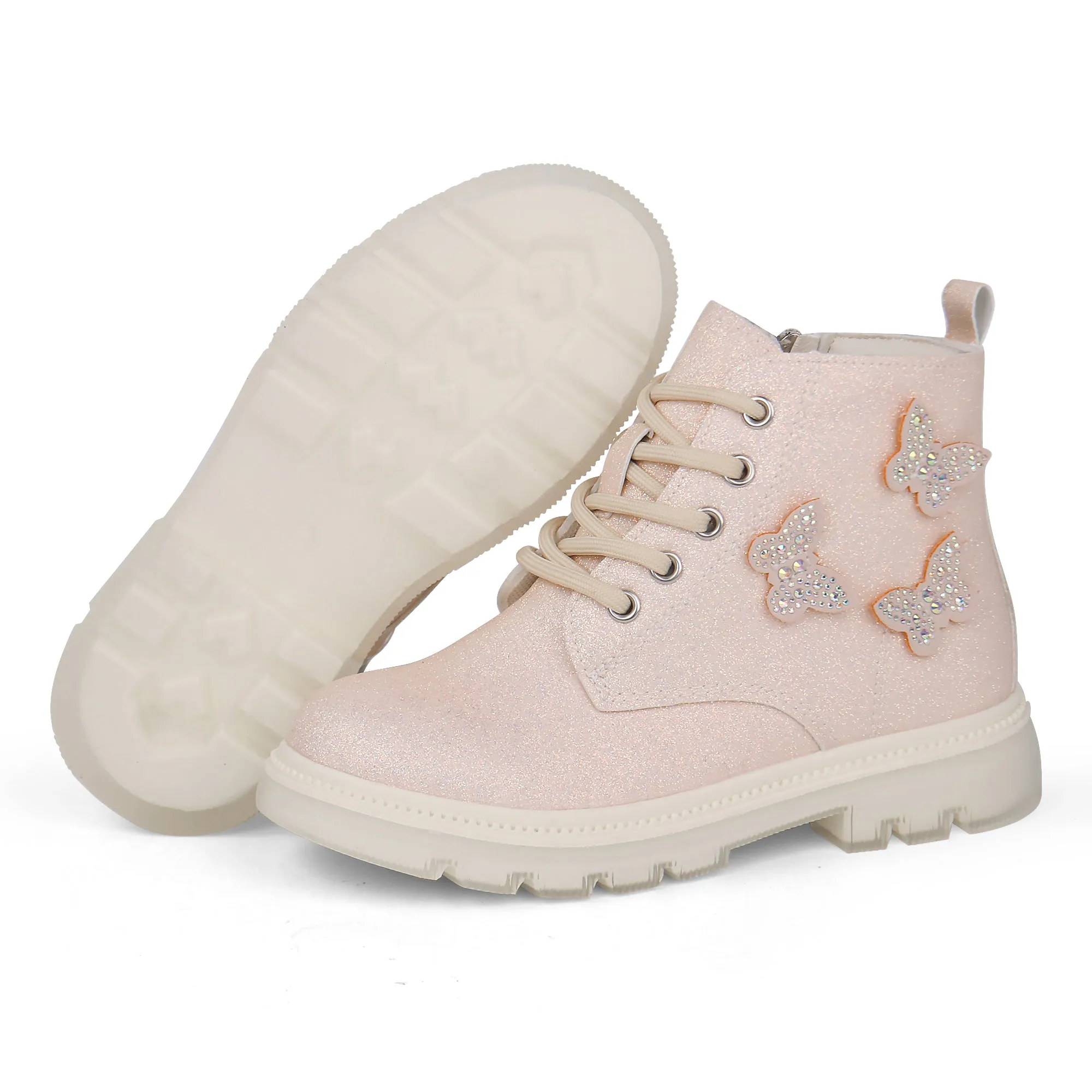 Girls Glittery Ankle Boots Kids Lace Up Combat Boots with Side Zipper