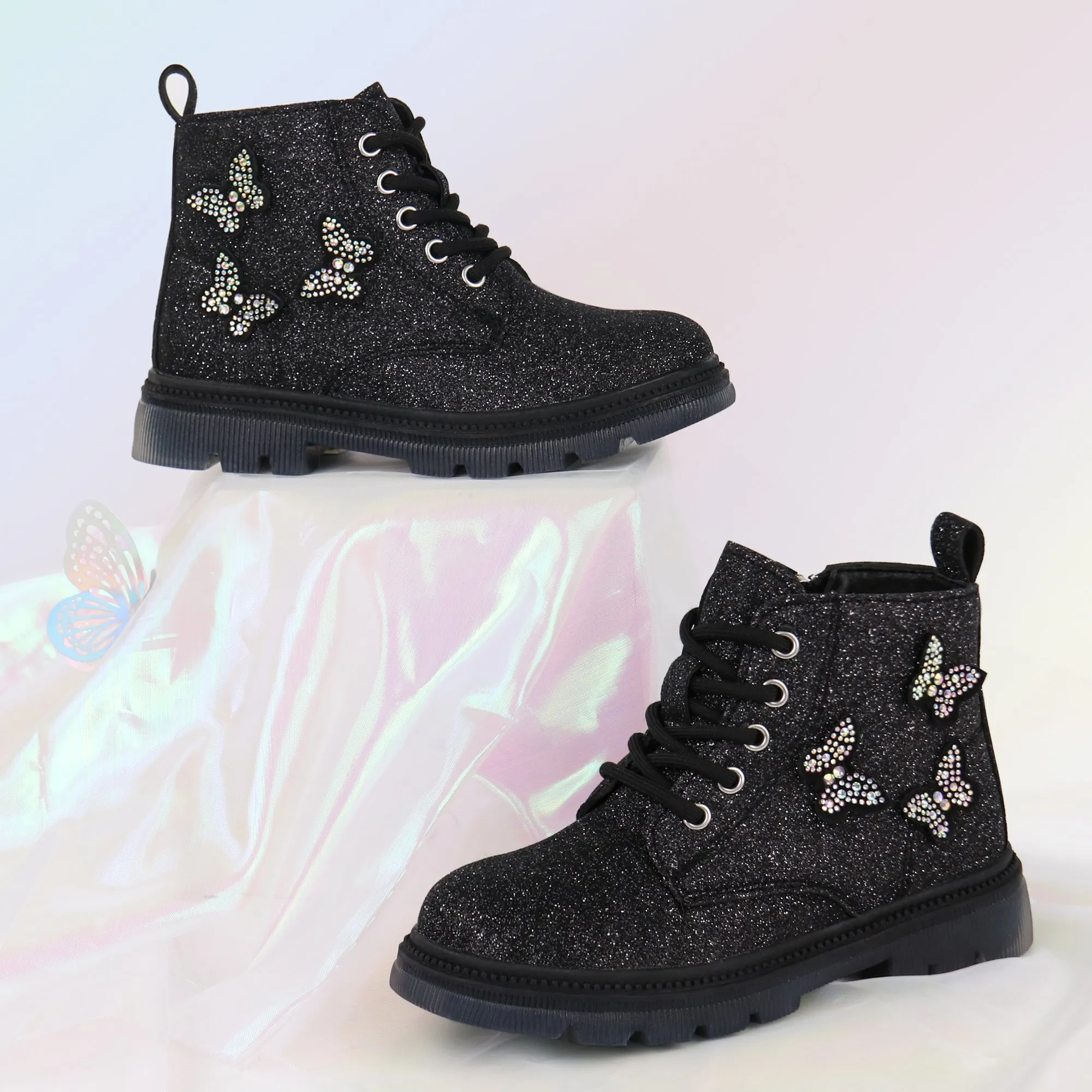 Girls Glittery Ankle Boots Kids Lace Up Combat Boots with Side Zipper