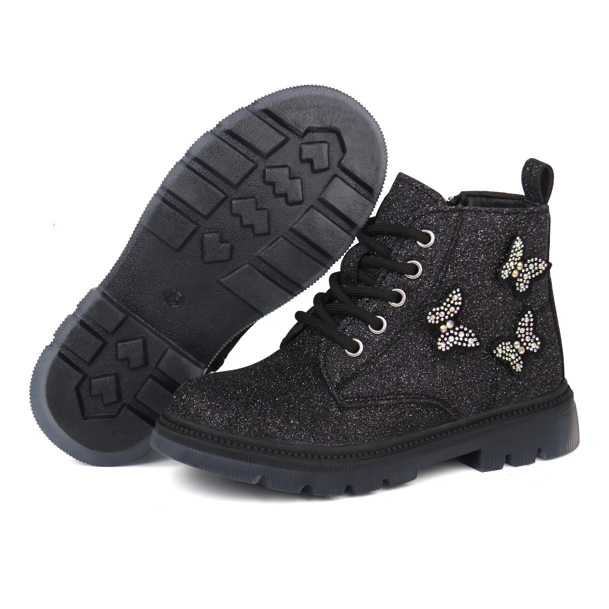 Girls Glittery Ankle Boots Kids Lace Up Combat Boots with Side Zipper