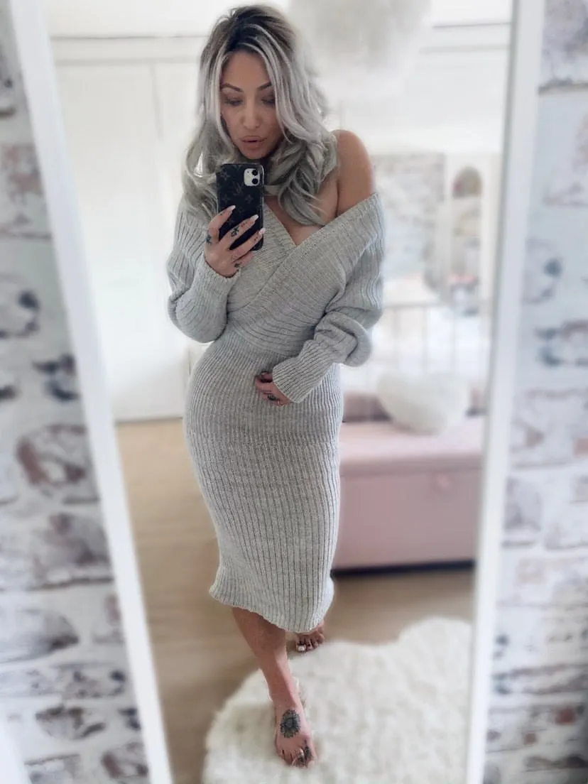 Grey Oversized Off The Shoulder Hailee V Deep Jumper Dress