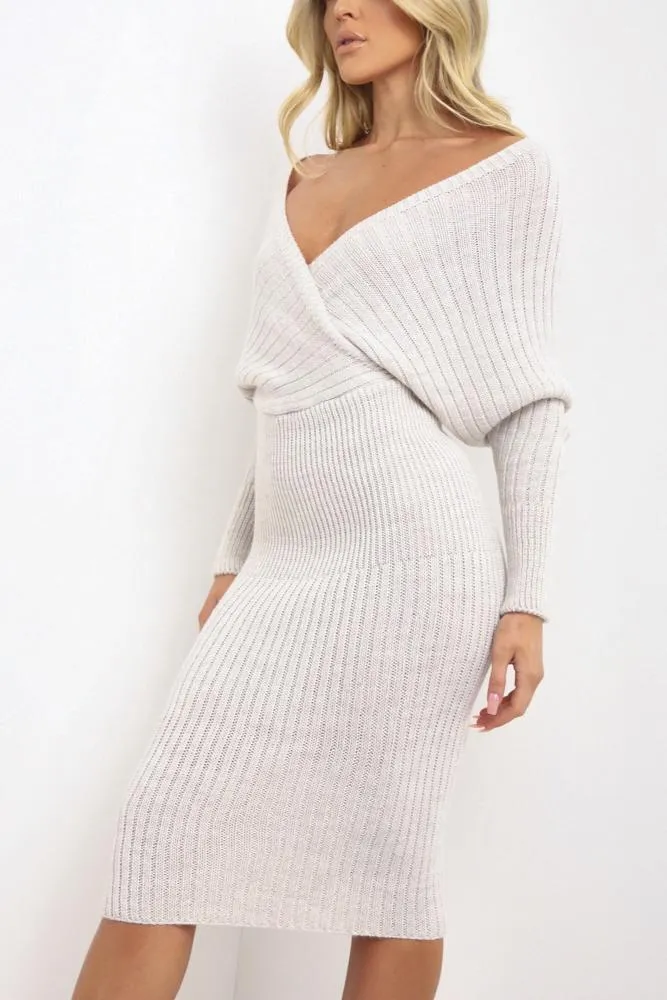 Grey Oversized Off The Shoulder Hailee V Deep Jumper Dress