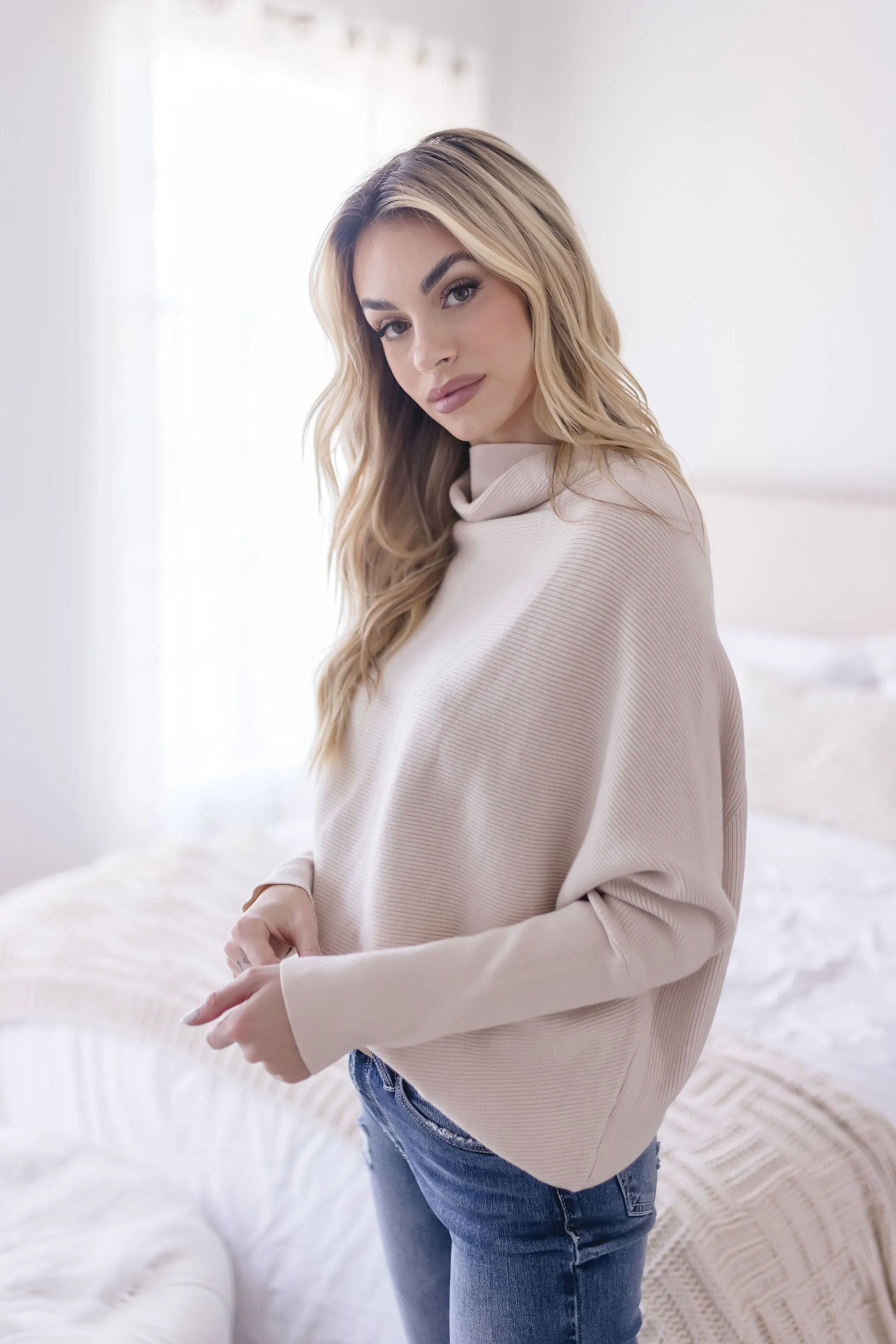 Gwen Long Sleeve Slouched Funnel Neck Sweater Tan