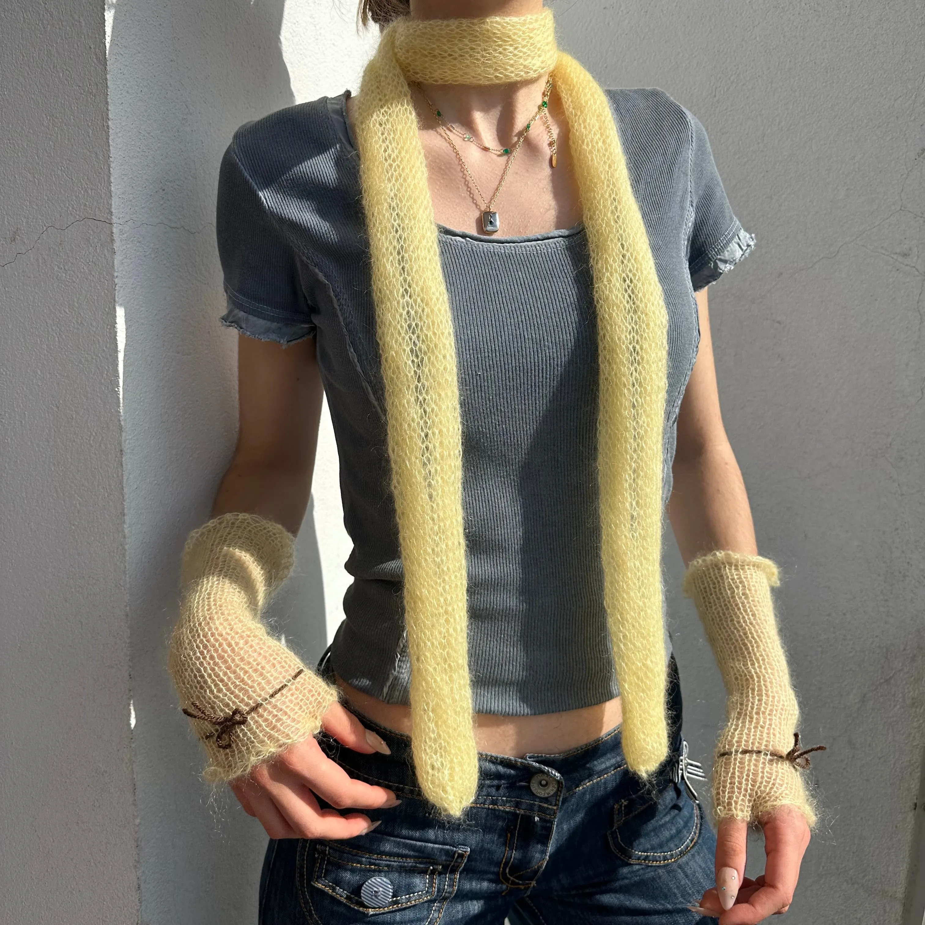 Handmade knitted mohair bow gloves in light yellow and brown - with thumb hole